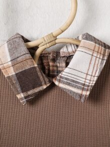 小女童格紋印花雙口袋腰帶假兩件洋裝