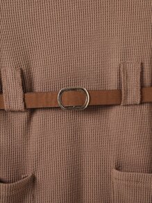 小女童格紋印花雙口袋腰帶假兩件洋裝