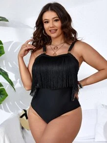 Plus Fringe Trim One Piece Swimsuit - Black - View 3