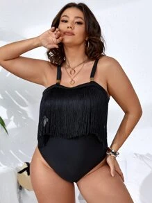 Plus Fringe Trim One Piece Swimsuit - Black - View 4