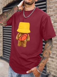 Manfinity Hypemode Men Cartoon Graphic Curved Hem Tee - Burgundy - View 1