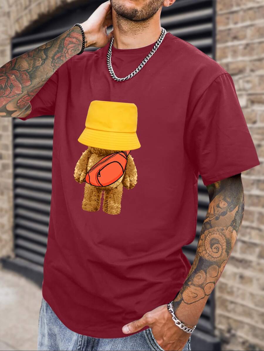 Manfinity Hypemode Men Cartoon Graphic Curved Hem Tee - Burgundy - View 1