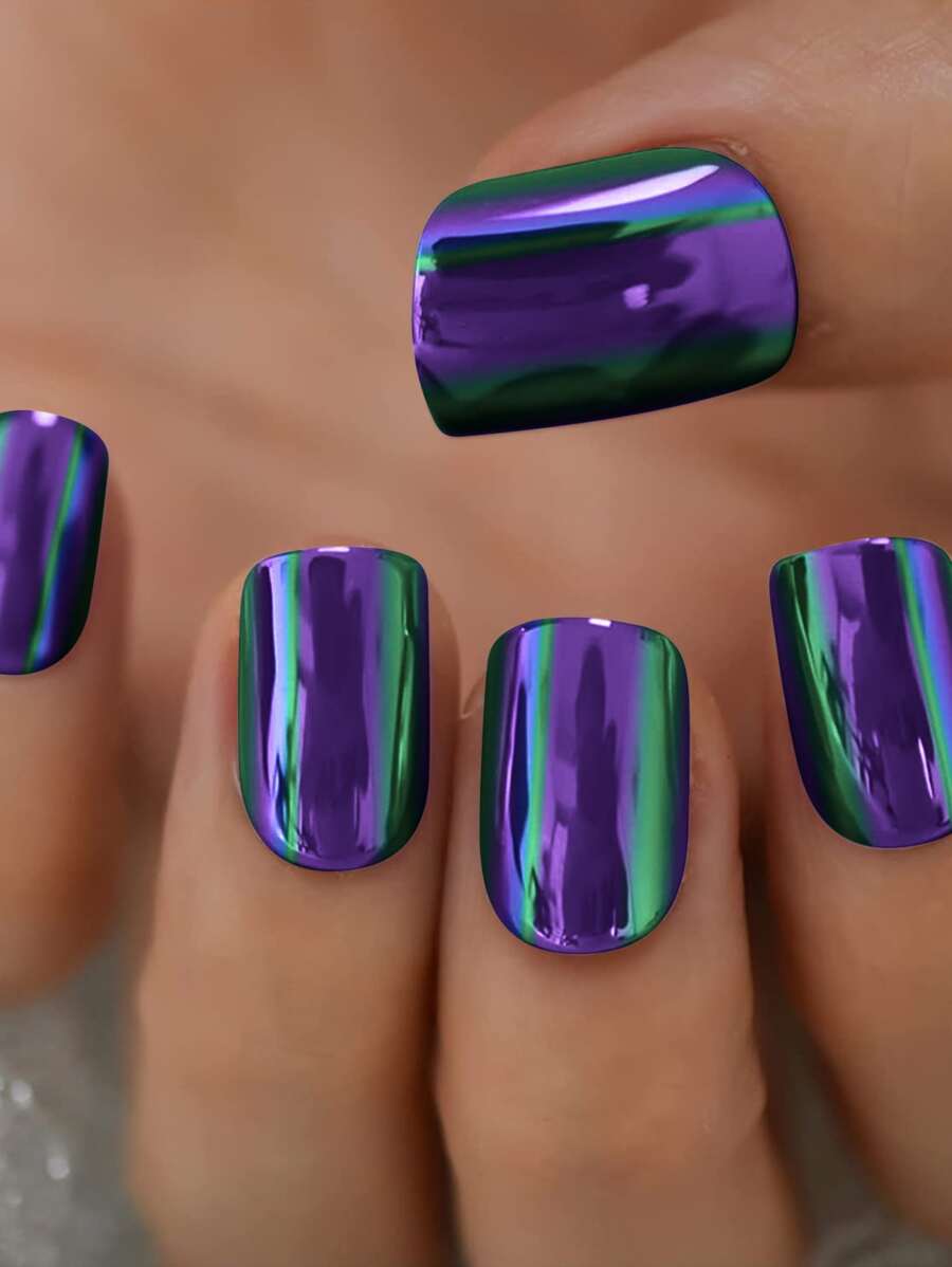 VV MEI JIA ER Y2K Instantly Upgrade Your Look With 24pcs Long Square Aurora Mirror Effect Holographic Fake Nail & 1pc Nail File & 1sheet Tape Press On Nails Nail Supplies - Purple - View 1