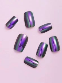 VV MEI JIA ER Y2K Instantly Upgrade Your Look With 24pcs Long Square Aurora Mirror Effect Holographic Fake Nail & 1pc Nail File & 1sheet Tape Press On Nails Nail Supplies - Purple - View 2