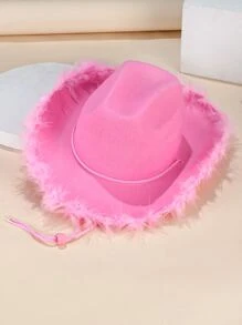 1pc Unisex Winter Western Cowboy Hat With Fluffy Decoration, Suitable For Party - Pink - View 3