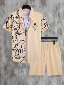 Manfinity RSRT 男士人像圖案襯衫和腰部抽繩短褲不帶T恤 - 卡其色 - 查看 3