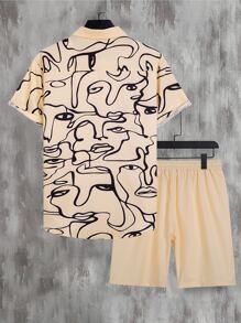 Manfinity RSRT 男士人像圖案襯衫和腰部抽繩短褲不帶T恤 - 卡其色 - 查看 2