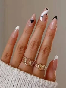 24pcs Long Almond Heart Pattern Fake Nail & 1pc Nail File & 1sheet Tape - Multicolor - View 1