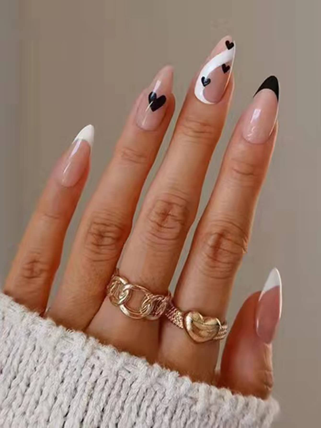 24pcs Long Almond Heart Pattern Fake Nail & 1pc Nail File & 1sheet Tape - Multicolor - View 1