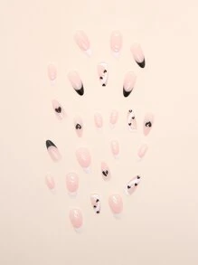 24pcs Long Almond Heart Pattern Fake Nail & 1pc Nail File & 1sheet Tape - Multicolor - View 2