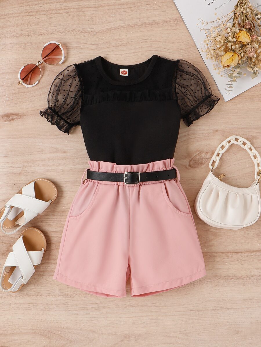 SHEIN تي شيرت وشورت شبكة متباينة اكمام منتفخة للبنات الصغار