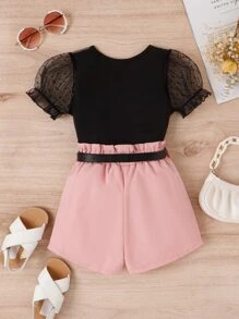 SHEIN تي شيرت وشورت شبكة متباينة اكمام منتفخة للبنات الصغار