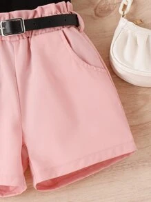 SHEIN تي شيرت وشورت شبكة متباينة اكمام منتفخة للبنات الصغار