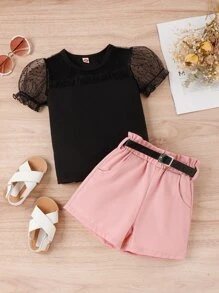 SHEIN تي شيرت وشورت شبكة متباينة اكمام منتفخة للبنات الصغار