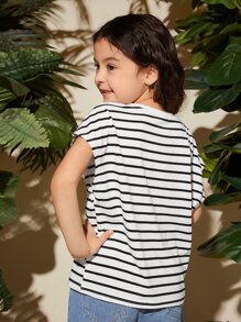 SHEIN Tween Girl Striped & Heart Print Batwing Sleeve Tee - Black and White - View 3