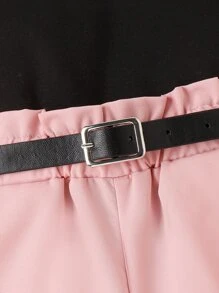 SHEIN تي شيرت وشورت شبكة متباينة اكمام منتفخة للبنات الصغار