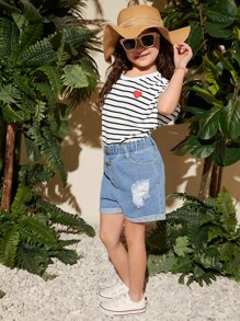 SHEIN Tween Girl Striped & Heart Print Batwing Sleeve Tee - Black and White - View 5