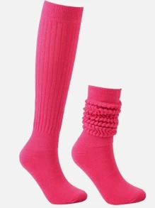 1 Pair Women's Mid-Calf/Knee High Slouch Socks, Solid Color Warm Socks, Cozy - Hot Pink - View 5