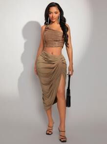 SHEIN SXY Twist Front Ruched Split Thigh Skirt - Mocha Brown - View 1