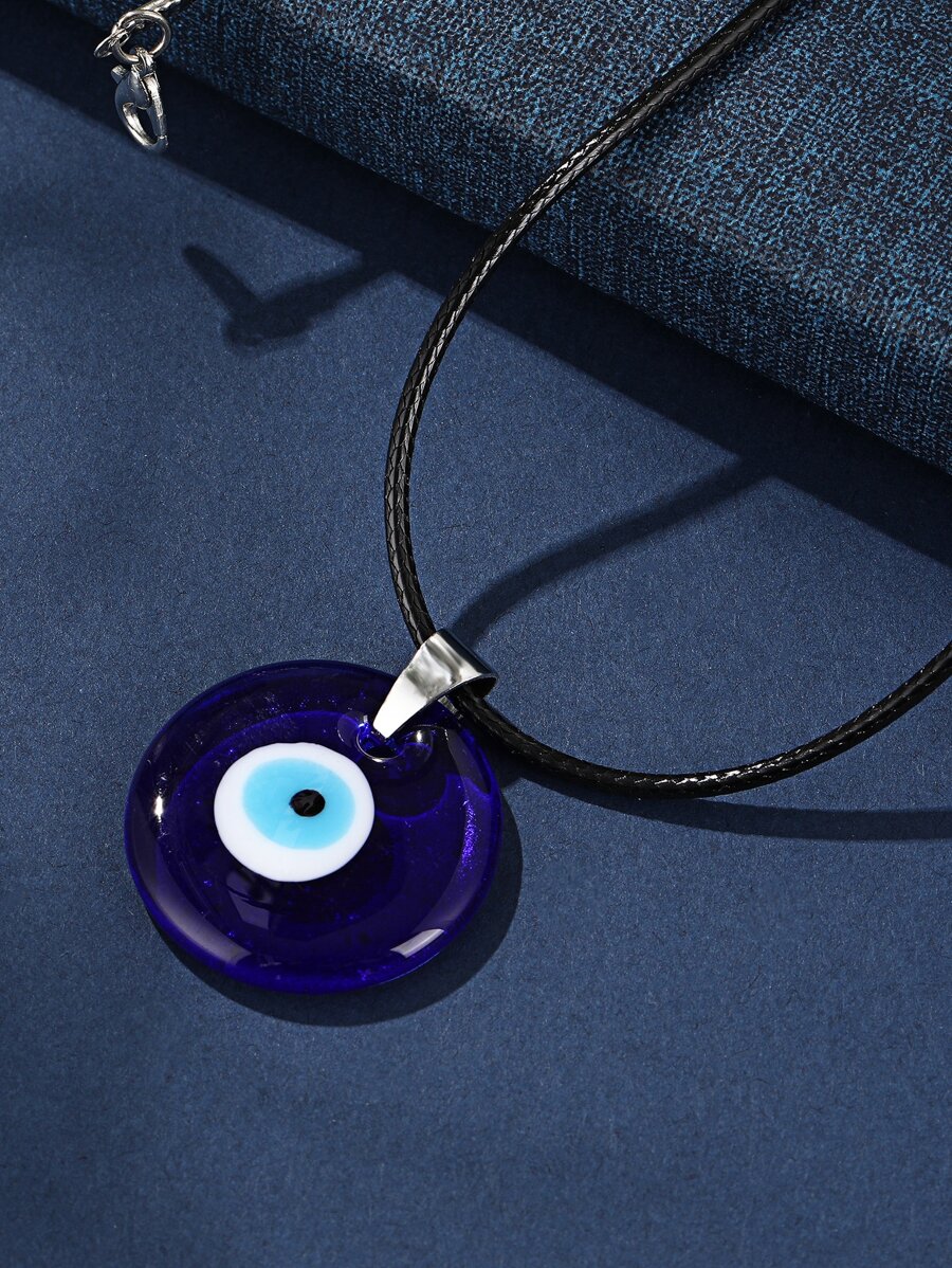 時尚流行男士眼睛印花圓形吊飾項鍊適合珠寶禮物和時尚外觀 - 寶藍色 - 查看 1
