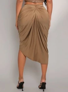 SHEIN SXY Twist Front Ruched Split Thigh Skirt - Mocha Brown - View 2