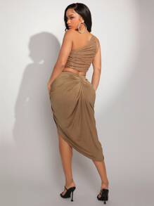 SHEIN SXY Twist Front Ruched Split Thigh Skirt - Mocha Brown - View 3