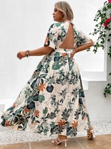 SHEIN Clasi 大碼熱帶圖案深V領折邊連身短褲 - 彩色 - 查看 2