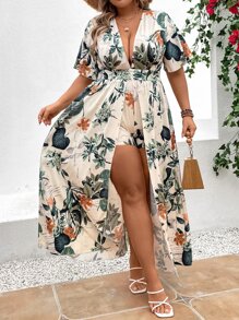 SHEIN Clasi 大碼熱帶圖案深V領折邊連身短褲 - 彩色 - 查看 3