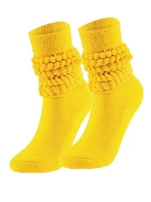 1 Đôi tất dài đến giữa bắp chân/đầu gối cho nữ, tất giữ ấm màu trơn - Màu vàng - Xem 1