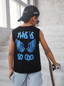 SHEIN Boys Slogan & Wing Print Tank Top - Black - View 1