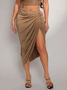 SHEIN SXY Twist Front Ruched Split Thigh Skirt - Mocha Brown - View 5