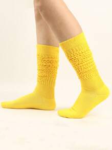 1 Đôi tất dài đến giữa bắp chân/đầu gối cho nữ, tất giữ ấm màu trơn - Màu vàng - Xem 2