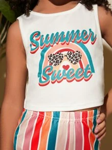 SHEIN Leap Crew Toddler Girls Letter Graphic Tank Top & Striped Trousers - Multicolor - View 4