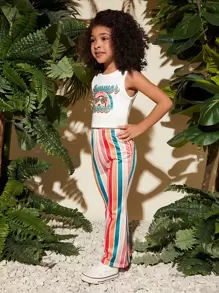 SHEIN Leap Crew Toddler Girls Letter Graphic Tank Top & Striped Trousers - Multicolor - View 5