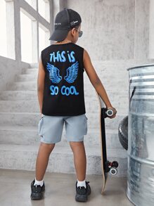 SHEIN Boys Slogan & Wing Print Tank Top - Black - View 3