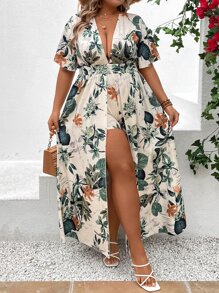 SHEIN Clasi 大碼熱帶圖案深V領折邊連身短褲 - 彩色 - 查看 7