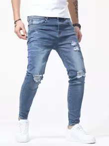 Manfinity Hombres Jeans ajustados desgarro crudo - Lavado ligero - Ver 1