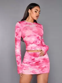 SHEIN BAE Tie Dye Crop Tee & Bodycon Skirt - Pink - View 1