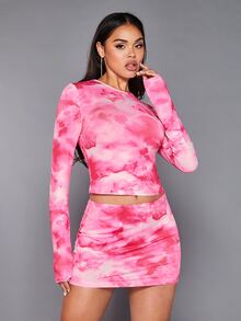 SHEIN BAE Tie Dye Crop Tee & Bodycon Skirt - Pink - View 5