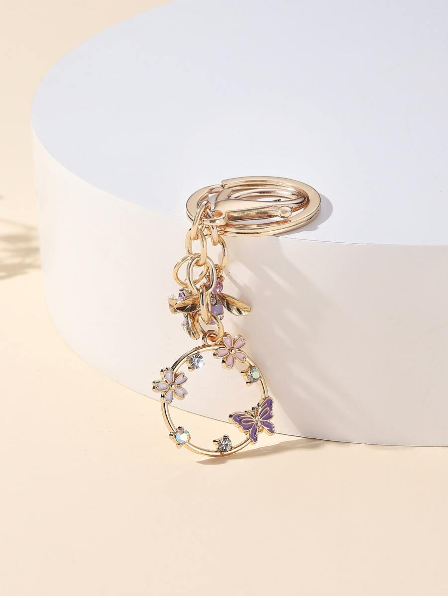 优雅时尚合金蝴蝶、花朵、圆形钥匙扣，带 3 个小吊坠装饰纪念品汽车配件包饰背包学校可爱哥特 Y2k 万圣节配饰教师节圣诞节礼物创意包挂绳带身份证夹汽车配件包饰