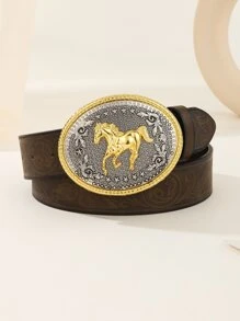 馬裝飾橢圓形搭扣腰帶 - 棕色 - 查看 1