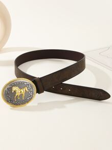馬裝飾橢圓形搭扣腰帶 - 棕色 - 查看 2