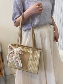 小草編包紙貼布和絲巾裝飾撞色滾邊,完美適合夏天海灘旅行度假 - 彩色 - 查看 8