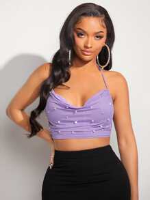 SHEIN SXY 珍珠串珠垂領後背繫帶繞頸短上衣 - 紫丁香色 - 查看 1