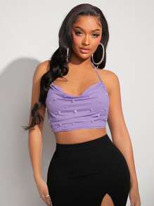 SHEIN SXY 珍珠串珠垂領後背繫帶繞頸短上衣 - 紫丁香色 - 查看 4