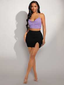 SHEIN SXY 珍珠串珠垂領後背繫帶繞頸短上衣 - 紫丁香色 - 查看 5