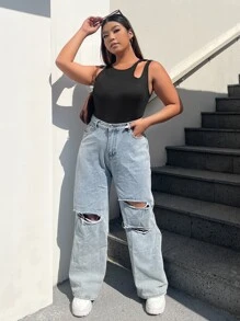 SHEIN EZwear 大碼鏤空背心上衣 - 黑色 - 查看 5