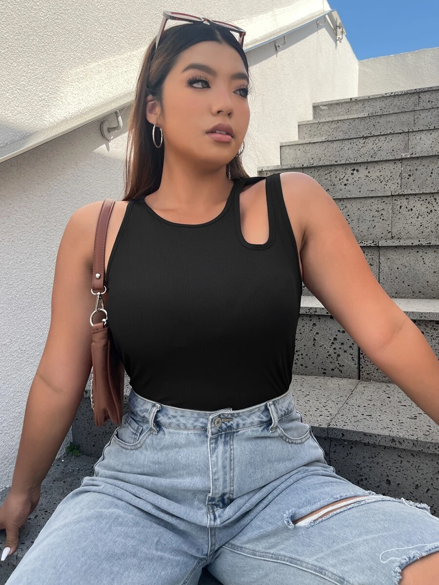 SHEIN EZwear 大碼鏤空背心上衣 - 黑色 - 查看 1