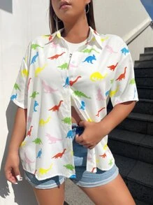 SHEIN EZwear 大碼恐龍印花落肩袖襯衫 - 彩色 - 查看 1