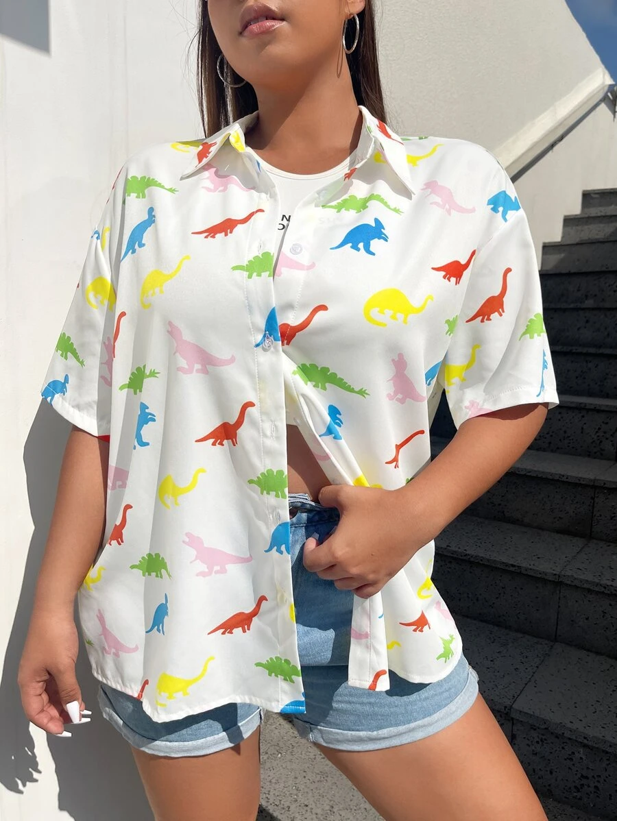 SHEIN EZwear 大碼恐龍印花落肩袖襯衫 - 彩色 - 查看 1